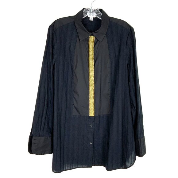 Carlisle Tops - New Per Se by Carlisle Black Button Down Shirt Gold Embellishment Sz 14